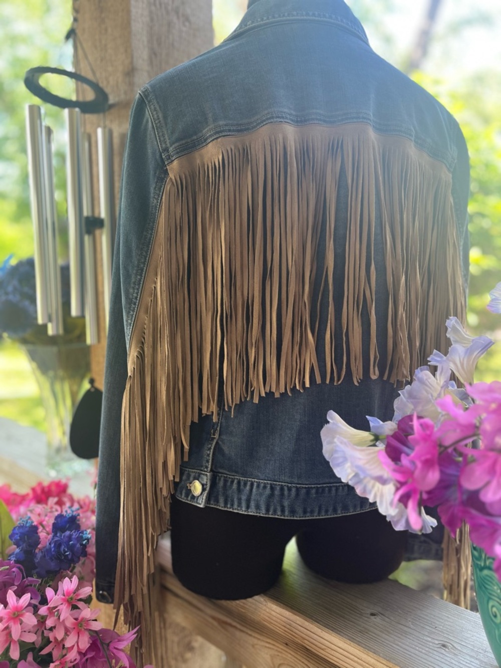 Chico’s Denim Blue Jean Western/Festival Faux Suede Long Fringed Jacket NWT S - Picture 8 of 12